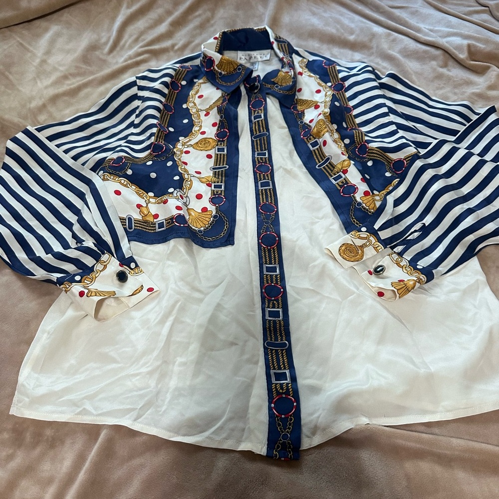 Adrianna Papell Vintage Navy and White Striped Button Down Shirt 6